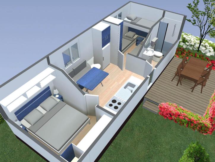 Kleines Hausdesign mit Garten und Terrasse.